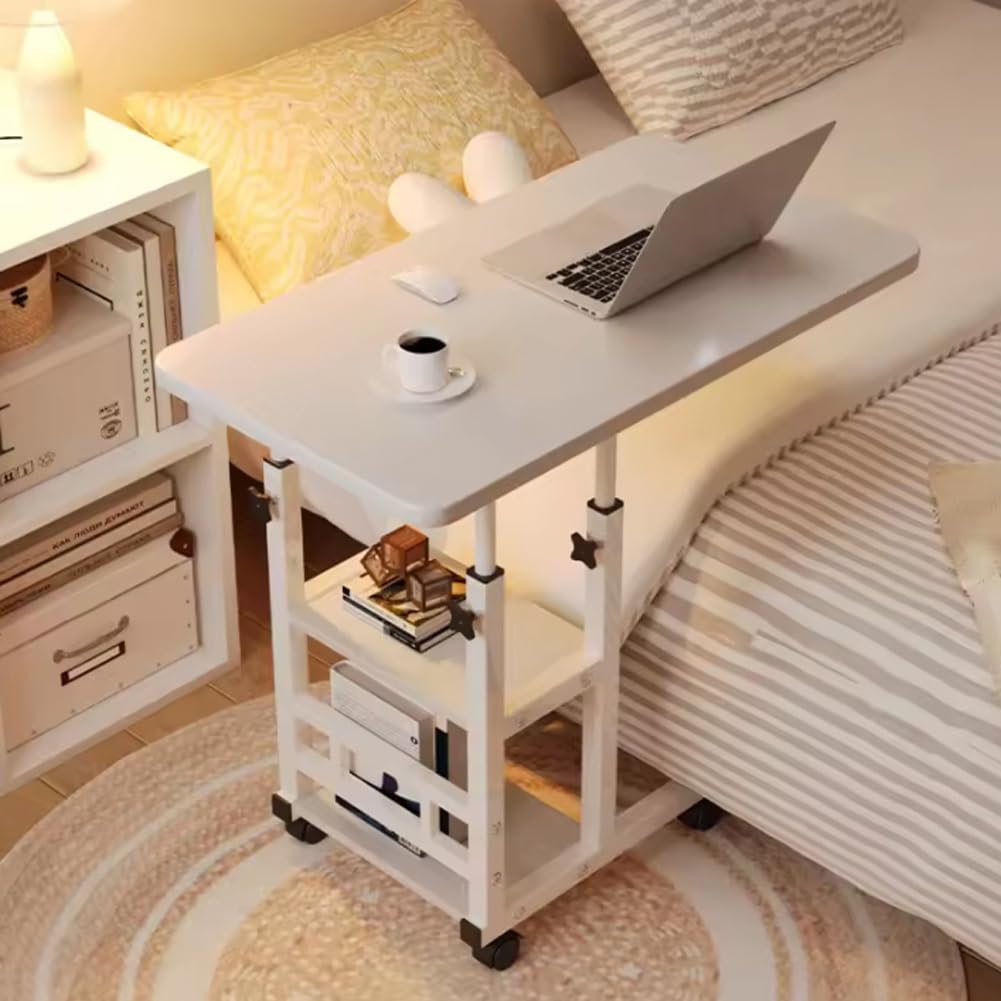 Overbed table with two storage shelves for books and essentials
