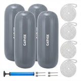 Garvee Boat Fenders 4 Pack 10 x 28 Inches Ribbed PVC Marine Bumpers with Ropes and Pump for Docking Protection - Grey
