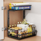 Garvee Under Sink Pull-Out Cabinet Organizer with Sliding Drawer, 2-Tier Carbon Steel Storage Shelf for Bathroom and Kitchen, Adjustable Height, Black - Black