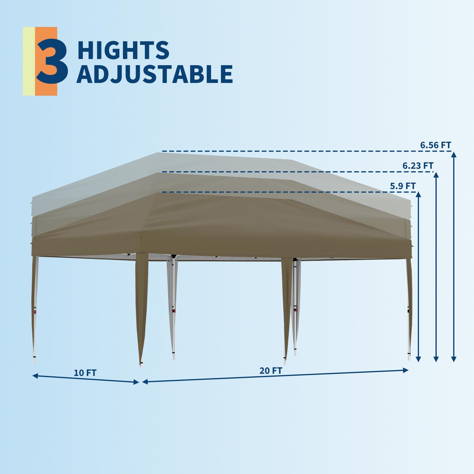10 x 20 canopy shade coverage and height settings