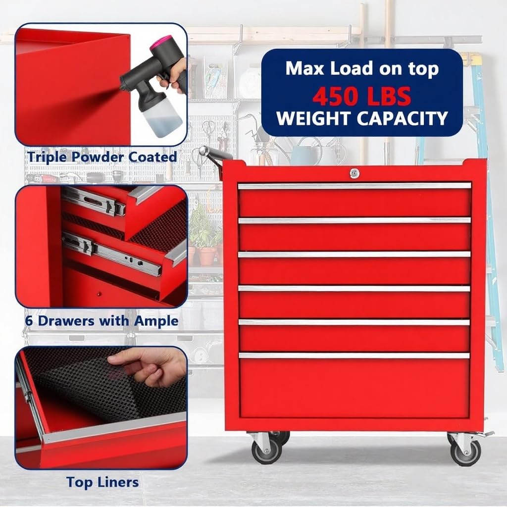 Garvee 6-Drawer Rolling Tool Chest and Tool Box Heavy-Duty Steel Mobile Tool Cabinet with Locking System for Garage Workshop Mechanics, Red