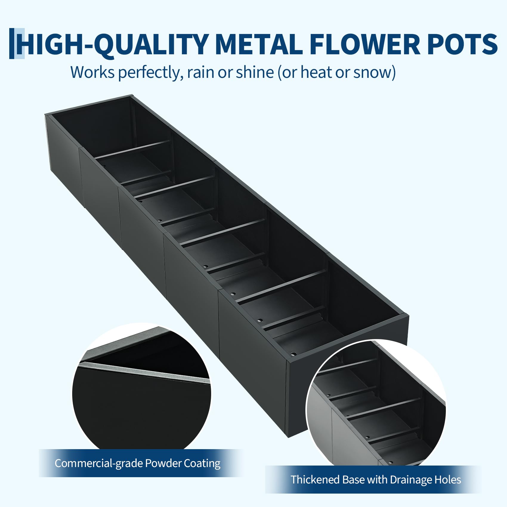 Powder coated steel panel and base drainage detail for black rectangular planter