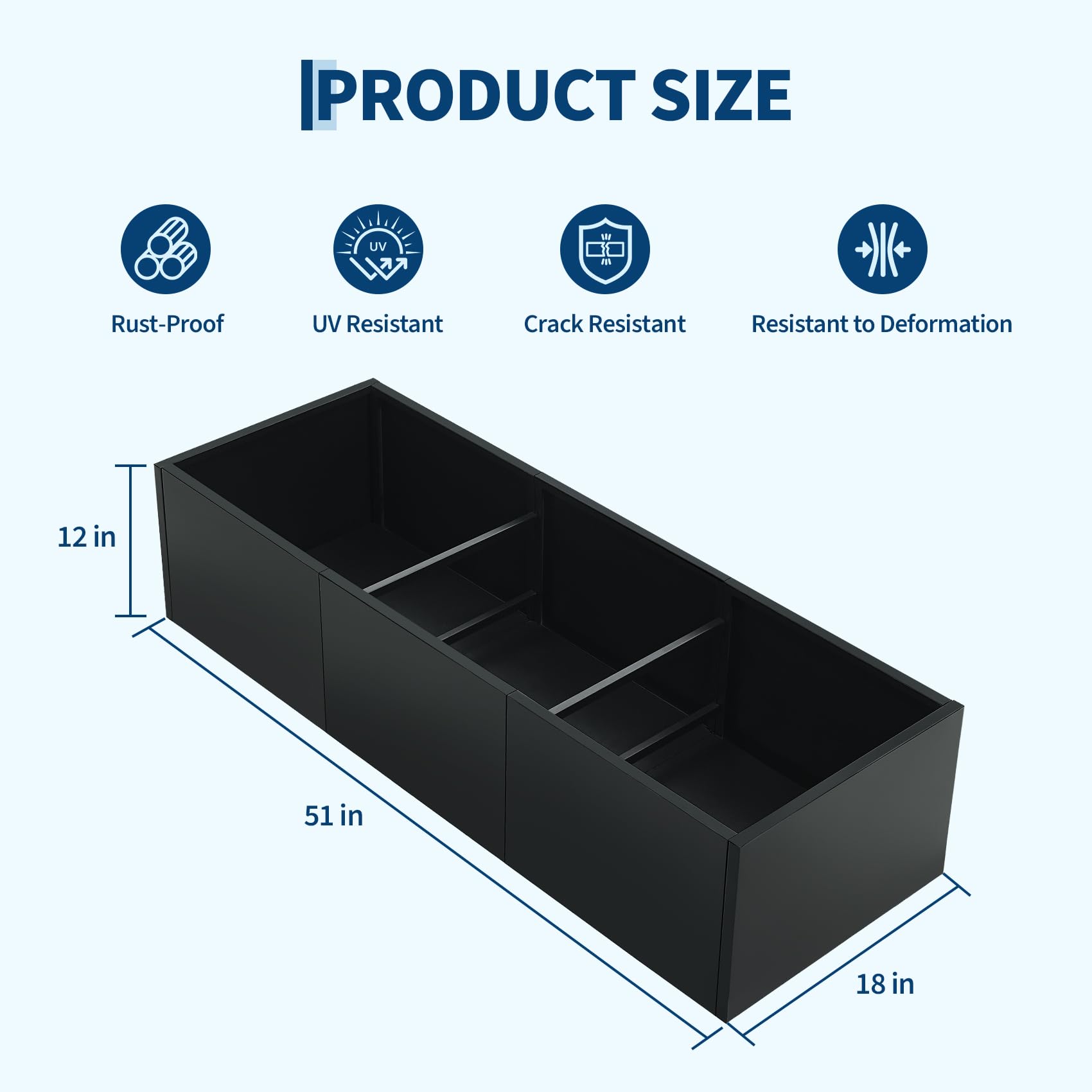Garvee rectangular planter product size and black finish