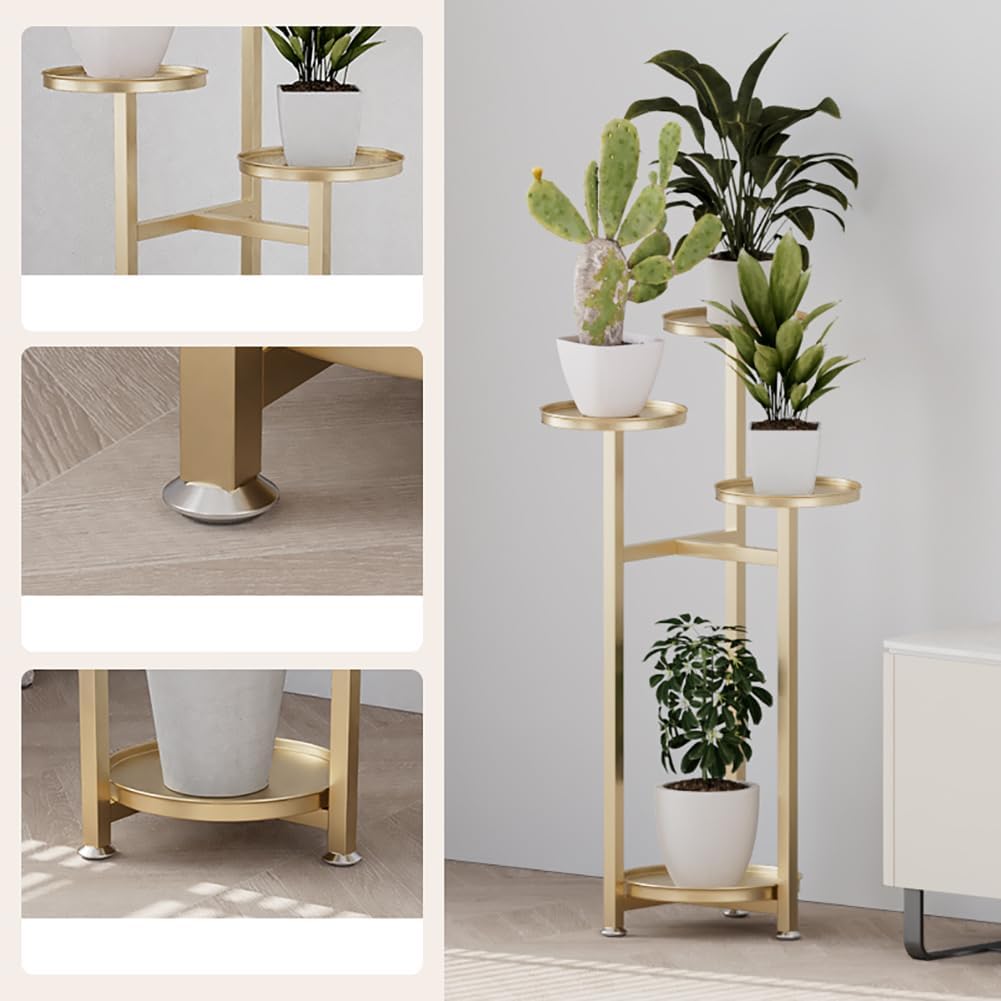 Close-up details of anti-slip feet and shelf tray on gold plant stand