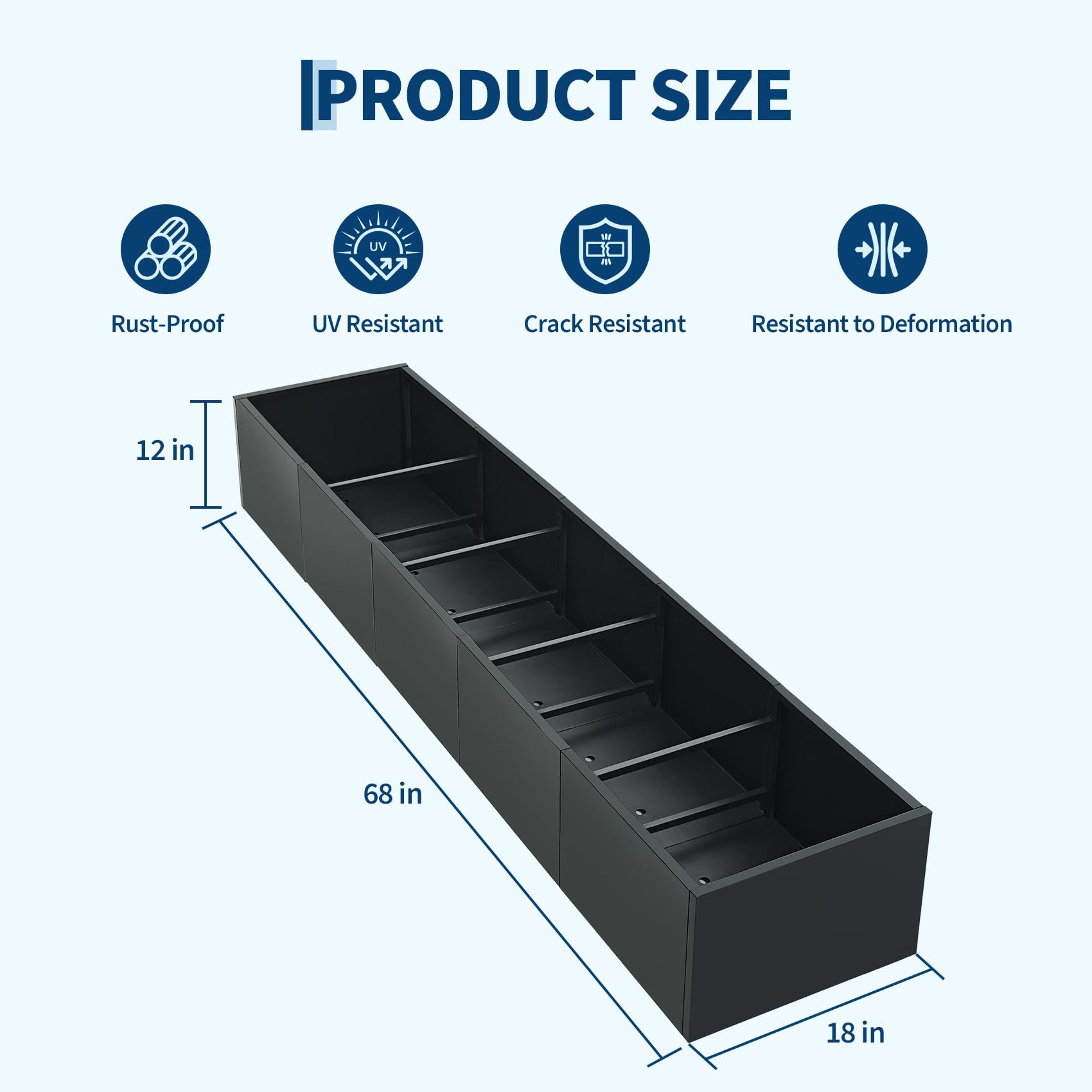 Garvee 68x18x12 planter product size with drainage base