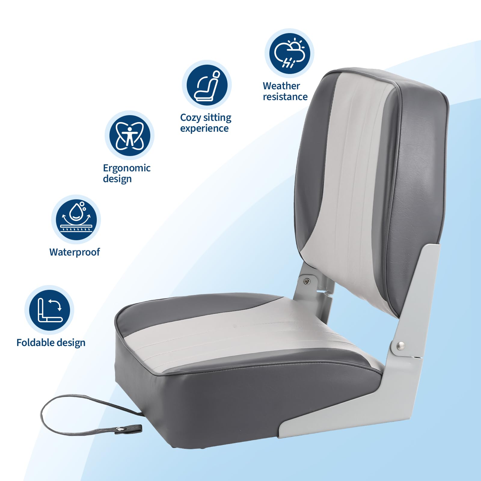 light gray foldable boat seat with waterproof weather resistance and ergonomic icons