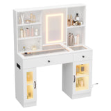 Garvee Makeup Vanity Desk with Mirror and Lights, 41" White Vanity Set with Drawers & Glass Cabinets, Power Outlet & Adjustable LED Lights for Women & Girls Bedroom - White