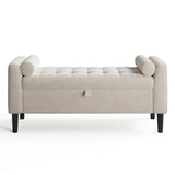 Garvee 46.5 in Beige Velvet Storage Ottoman Bench with Rolled Armrests & Wood Legs for Entryway Living Room Bedroom Hallway - Off White