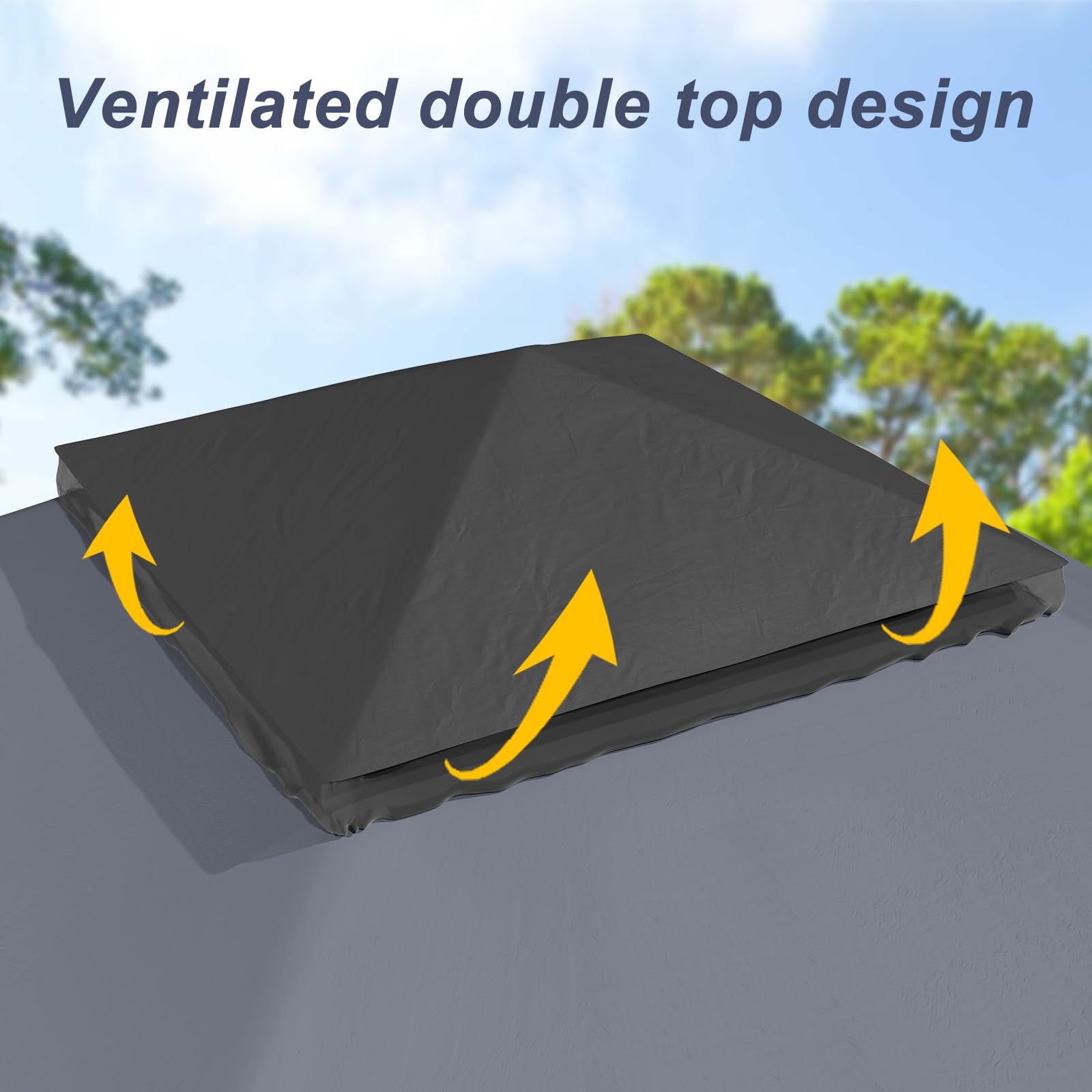 Ventilated double top design on gray softtop gazebo
