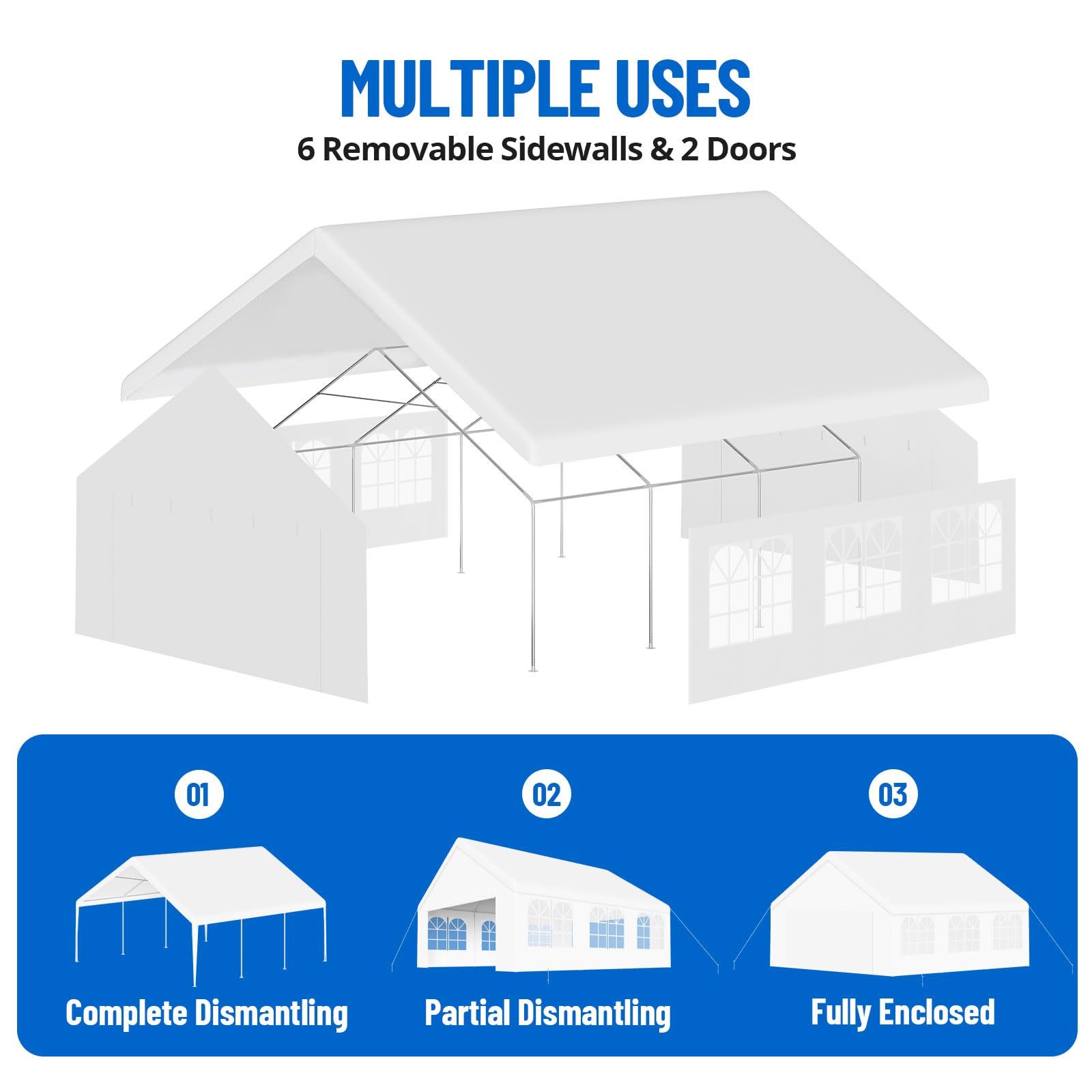 Configuration graphic showing a white party tent in open, partial, and fully enclosed layouts