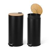 Garvee 8 Gallon Stainless Steel Step Trash Can With Soft-Close Bamboo Lid For Kitchen Bathroom Living Room White 12x14.4x24.3" - Black