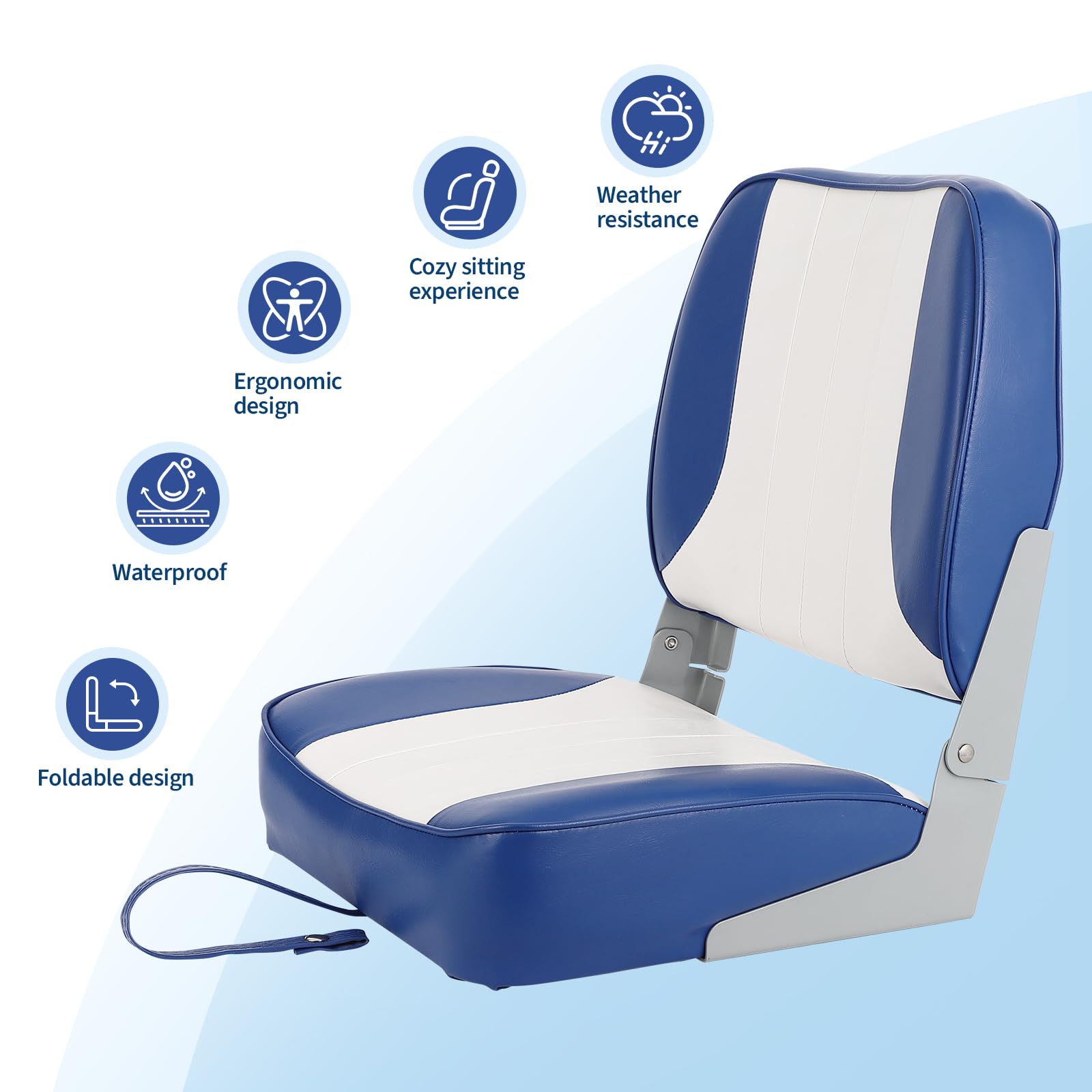 blue and white foldable boat seat with waterproof weather resistance and ergonomic icons