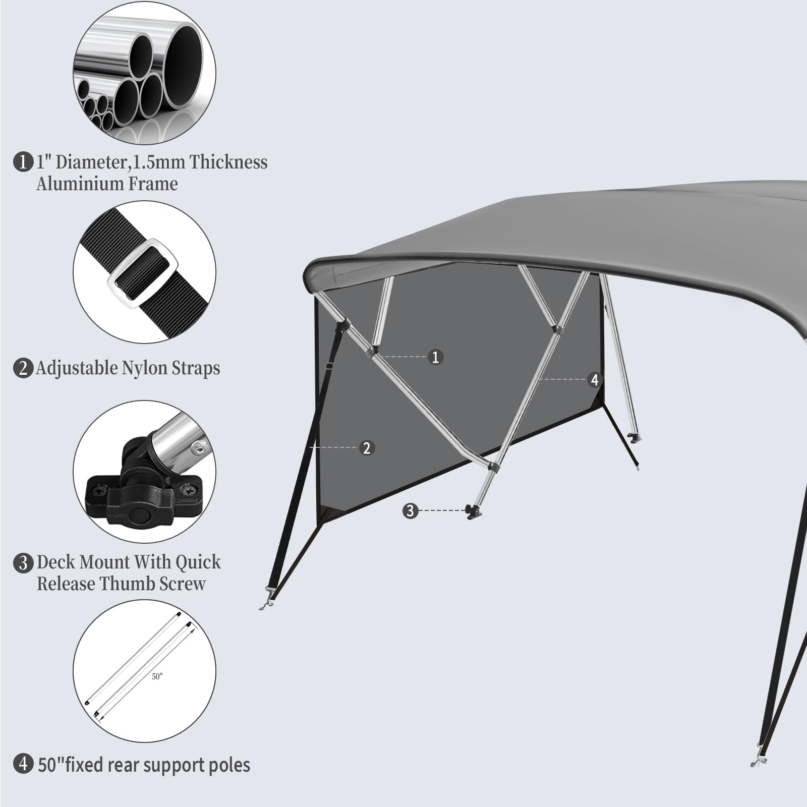Grey bimini top frame detail showing aluminum tubing, adjustable straps, deck mounts and rear support poles
