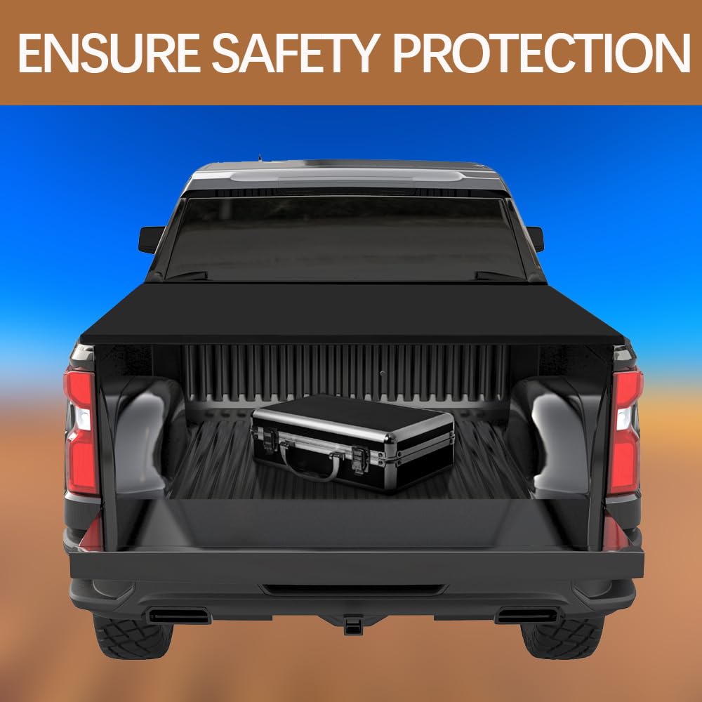 pickup truck bed cargo concealed beneath a closed black tonneau cover