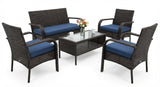Garvee 4-Piece Patio Furniture Set Outdoor Wicker Gray Rattan Conversation Set with Washable Cushions for Backyard Porch Poolside Garden Lawn - Brown/Navy Blue