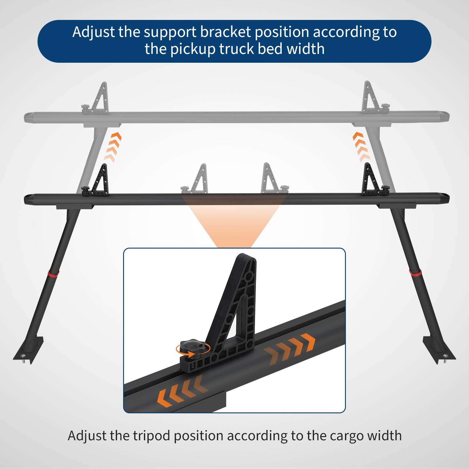 black truck ladder rack showing adjustable support brackets and movable tie down stops