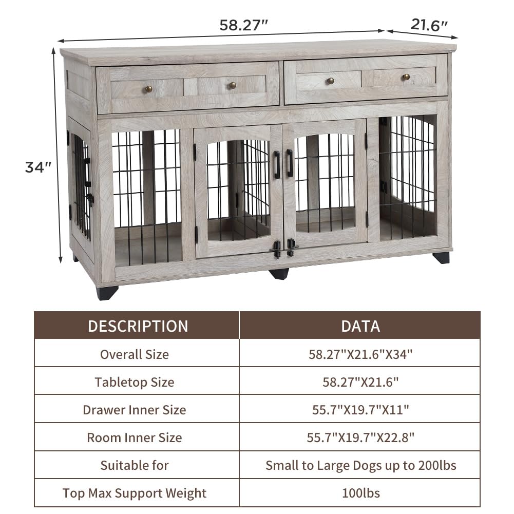 Garvee 2 Rooms Dog Crate Furniture for Big Breed,58" Wooden Dog Crate Table with 2 Drawers,Indoor Dog Kennel,Dog House,Dog Cage,TV Stand (Gray)