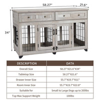 Garvee 2 Rooms Dog Crate Furniture for Big Breed,58" Wooden Dog Crate Table with 2 Drawers,Indoor Dog Kennel,Dog House,Dog Cage,TV Stand (Gray)