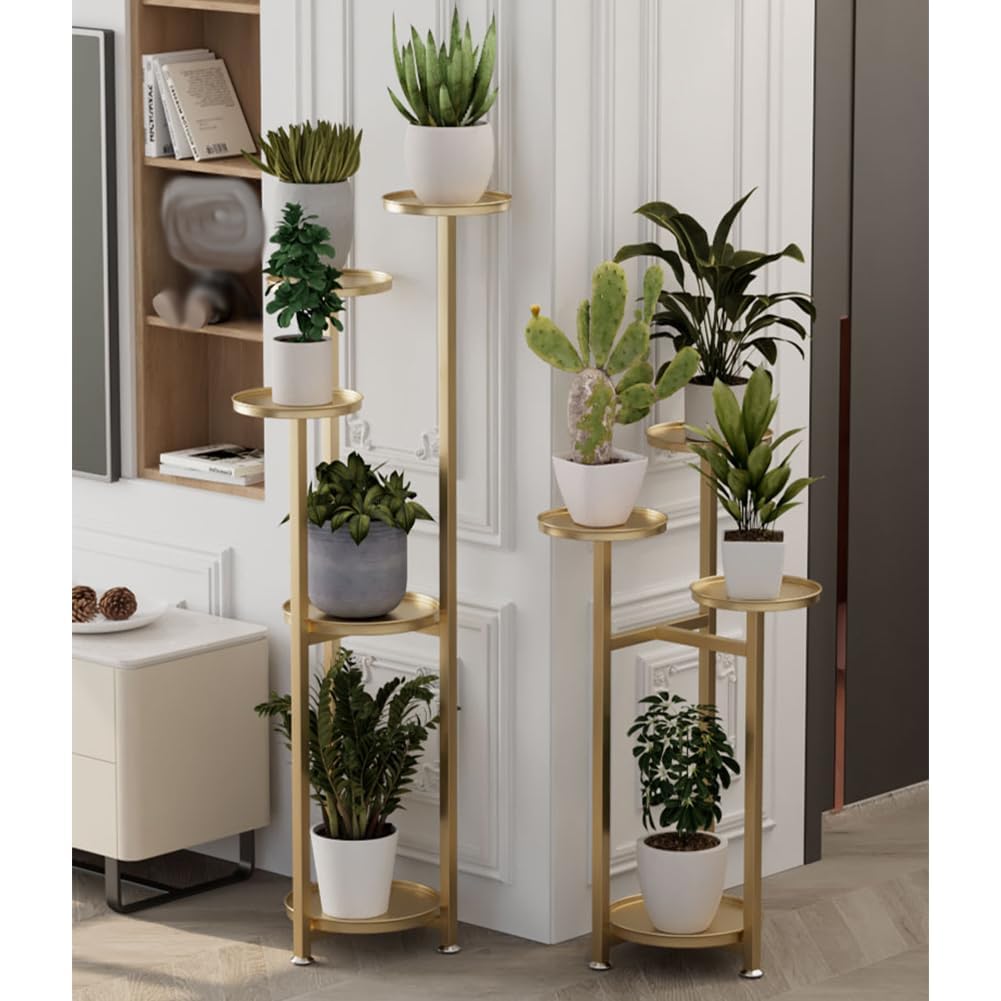 Corner plant display rack used indoors with multiple potted plants