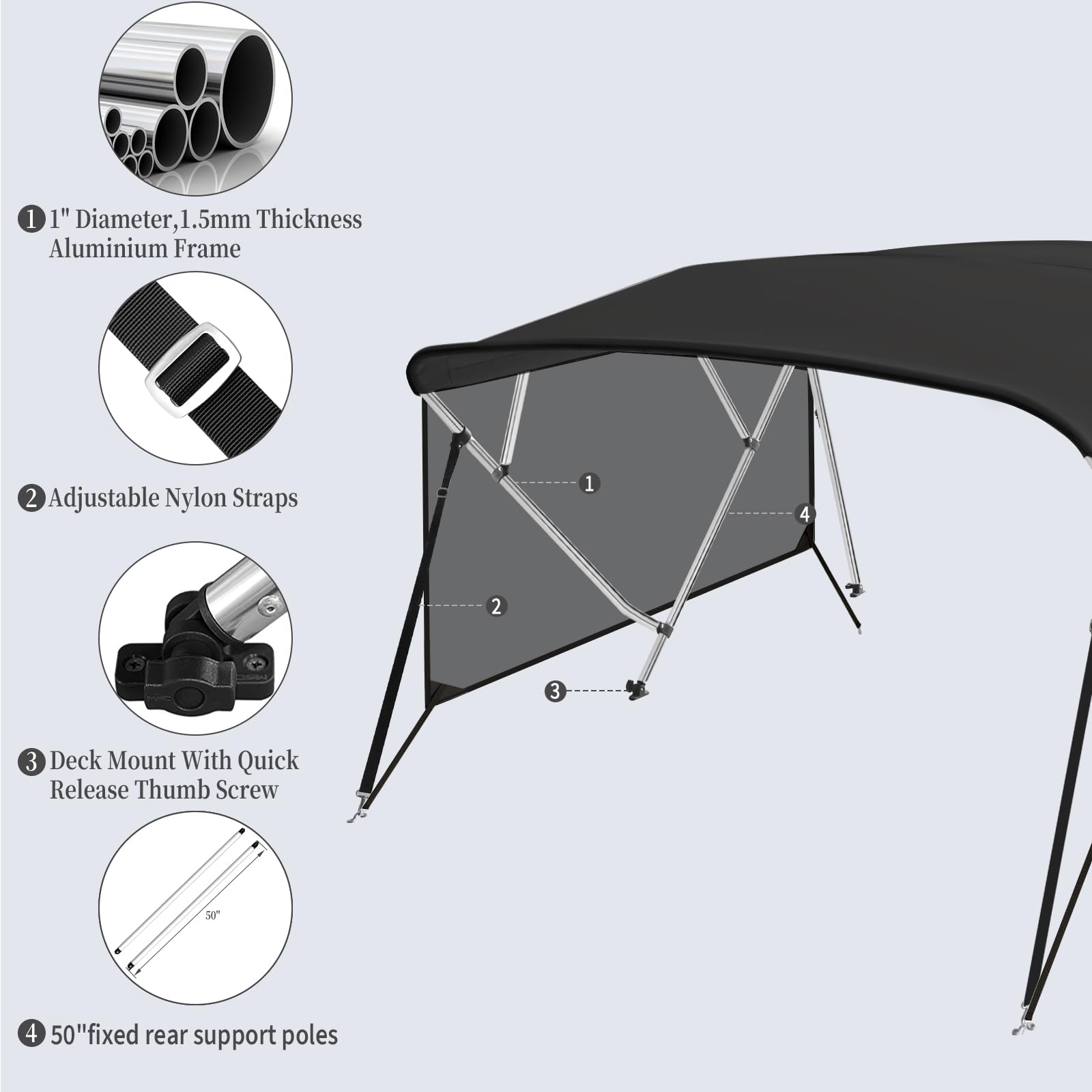 Black bimini top frame detail showing aluminum tubing, adjustable straps, deck mounts and rear support poles