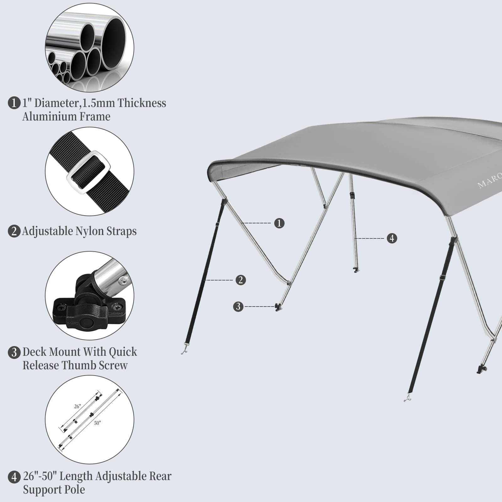 Adjustable support poles and frame details of boat bimini top