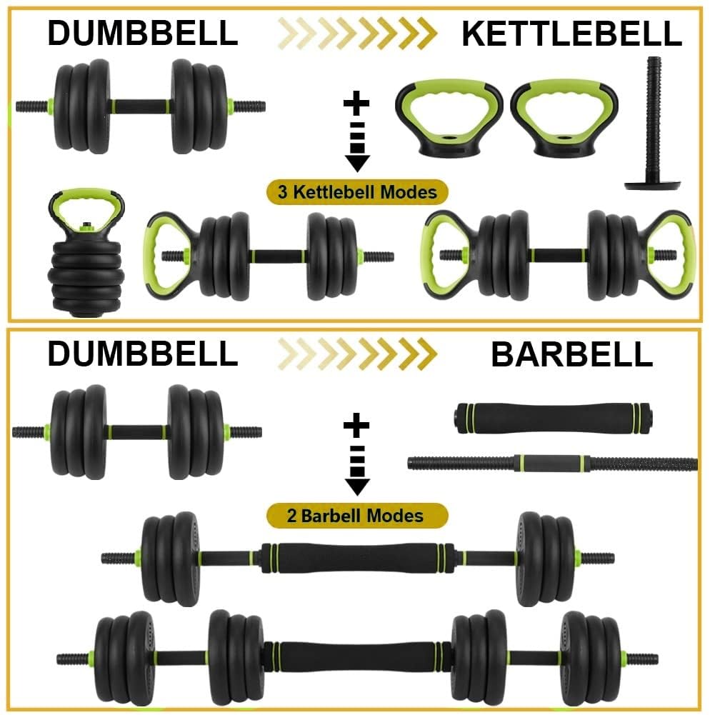 4-in-1 adjustable dumbbell set converts into dumbbell, kettlebell and barbell modes