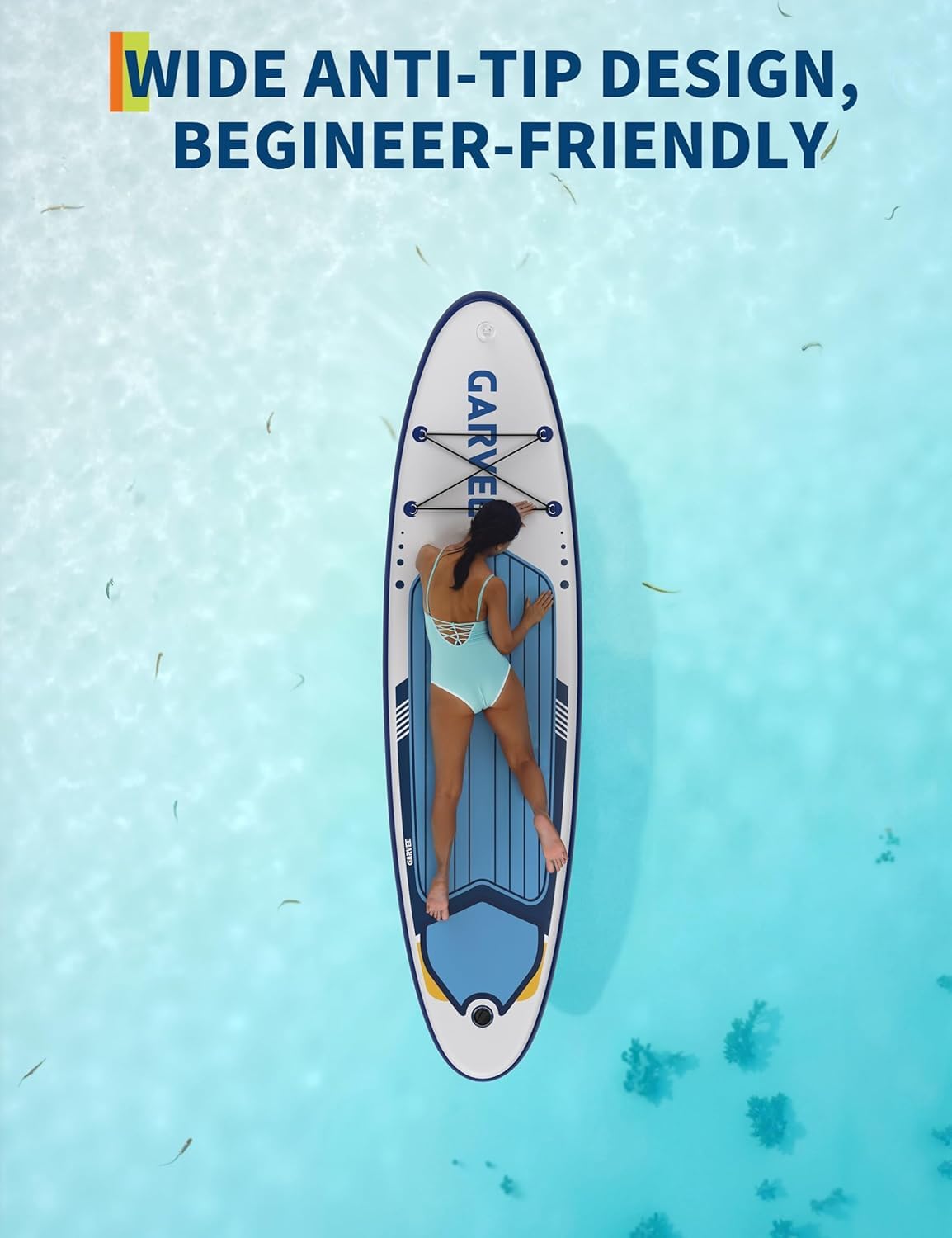 Wide anti-tip inflatable paddle board for beginners