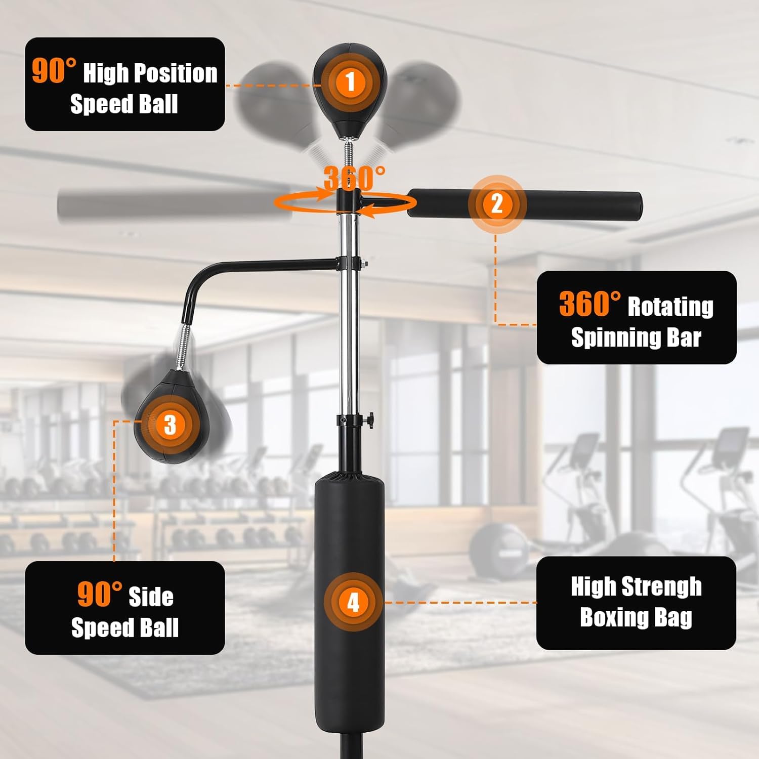 Multi-function boxing speed trainer with speed balls spinning bar and boxing bag