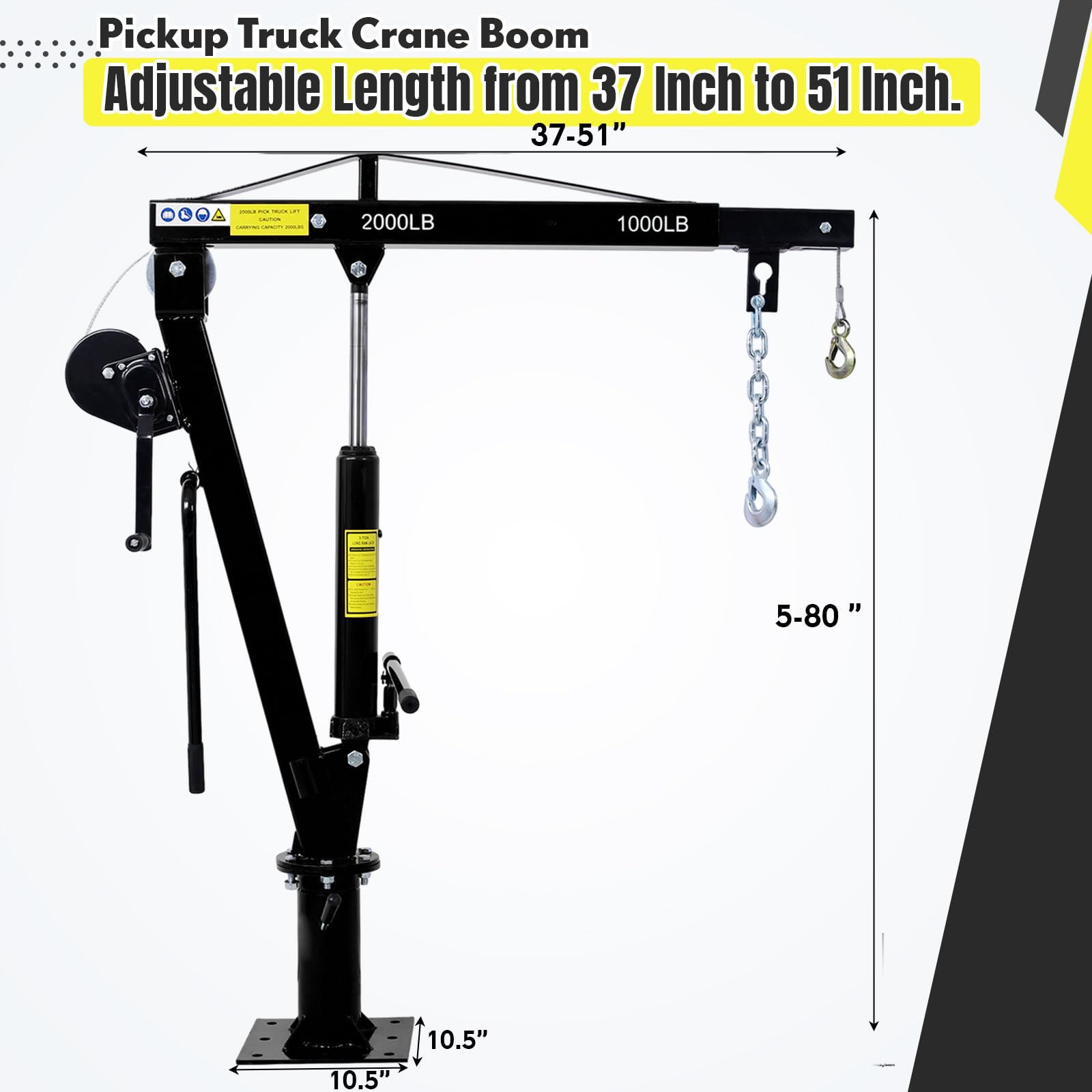 Garvee black pickup truck crane boom with 37 to 51 inch adjustable length and 5 to 80 inch lift height