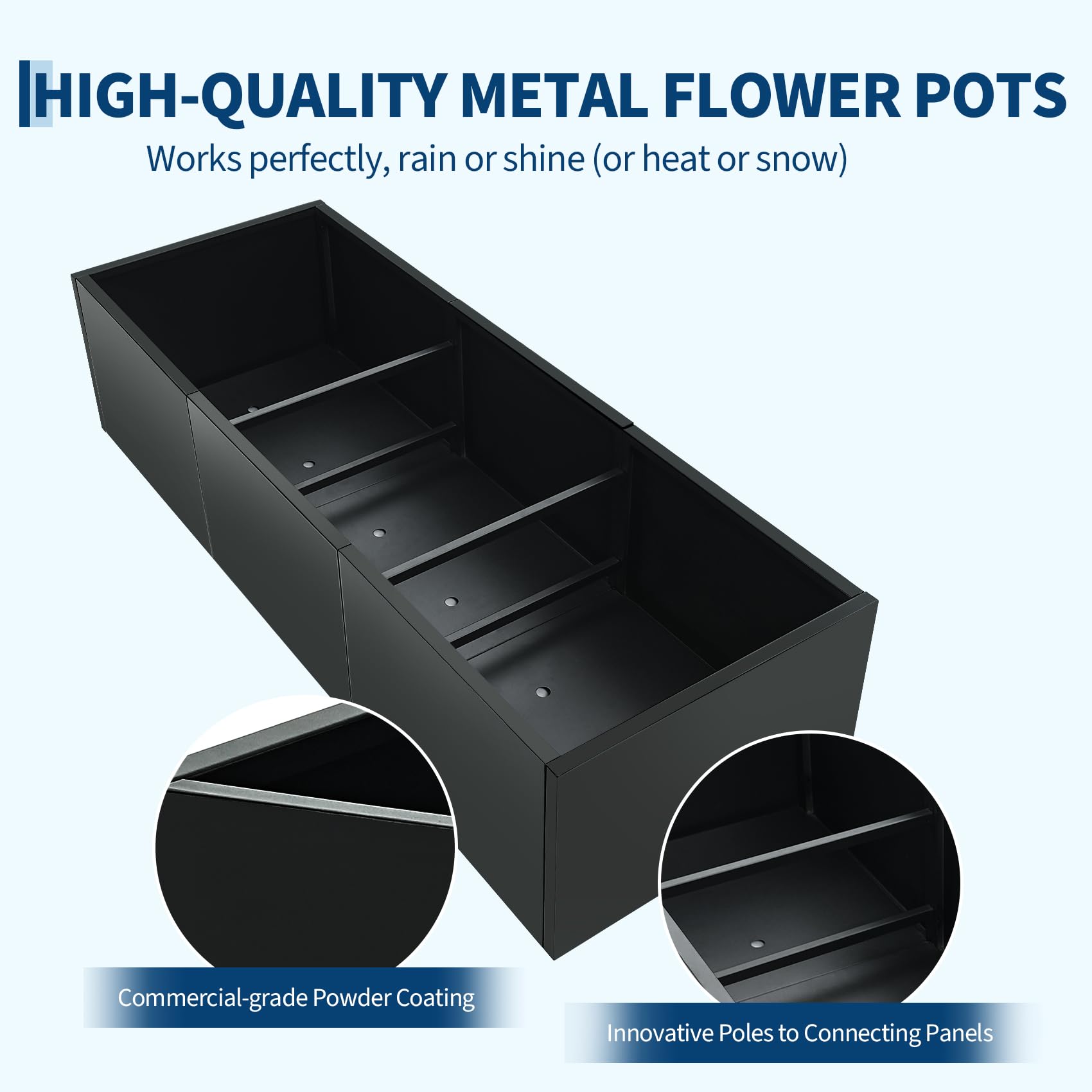 Powder coated steel panel and connector detail on black rectangular planter box