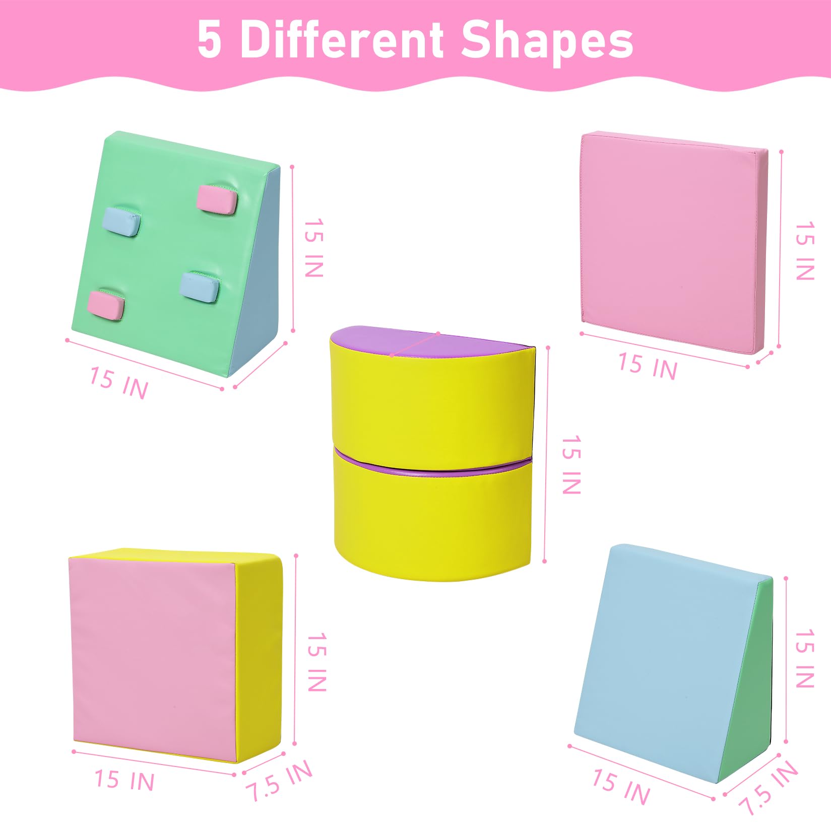 5 different shapes foam climbing blocks dimensions