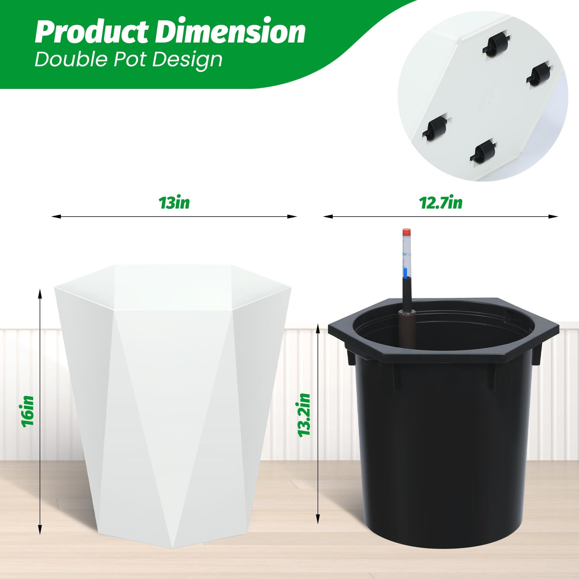 Double pot design and dimensions with hidden wheels