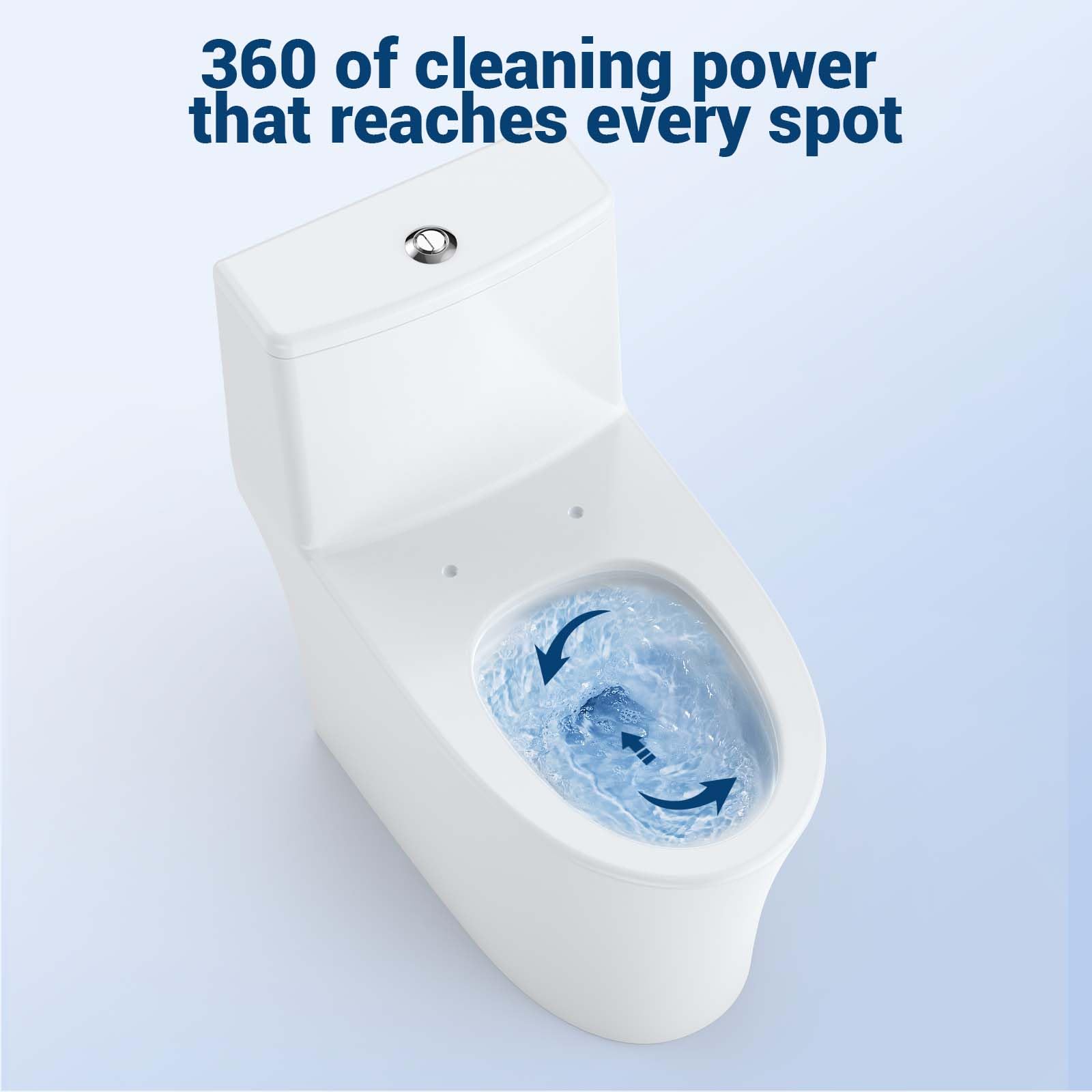 White one piece toilet with swirling water arrows illustrating broad bowl rinse coverage