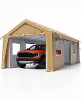 Garvee 13'x20' Heavy Duty Portable Garage, 1.0 mm Steel Poles & 180 g PE Waterproof Canopy, Front & Rear Doors, 2 Side Doors, 4 Windows, Khaki