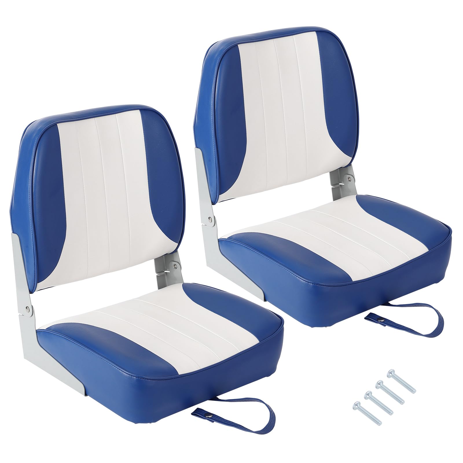 blue and white two pack low back foldable boat seats with mounting screws