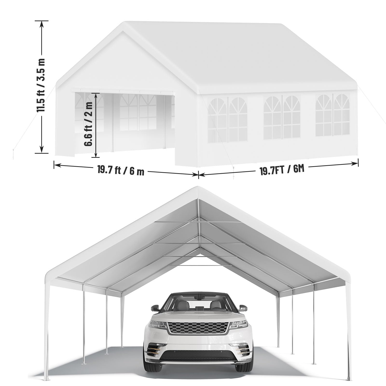Dimension graphic of a white party tent with a 19.7×19.7 ft footprint, 11.5 ft peak height, and 6.6 ft side height