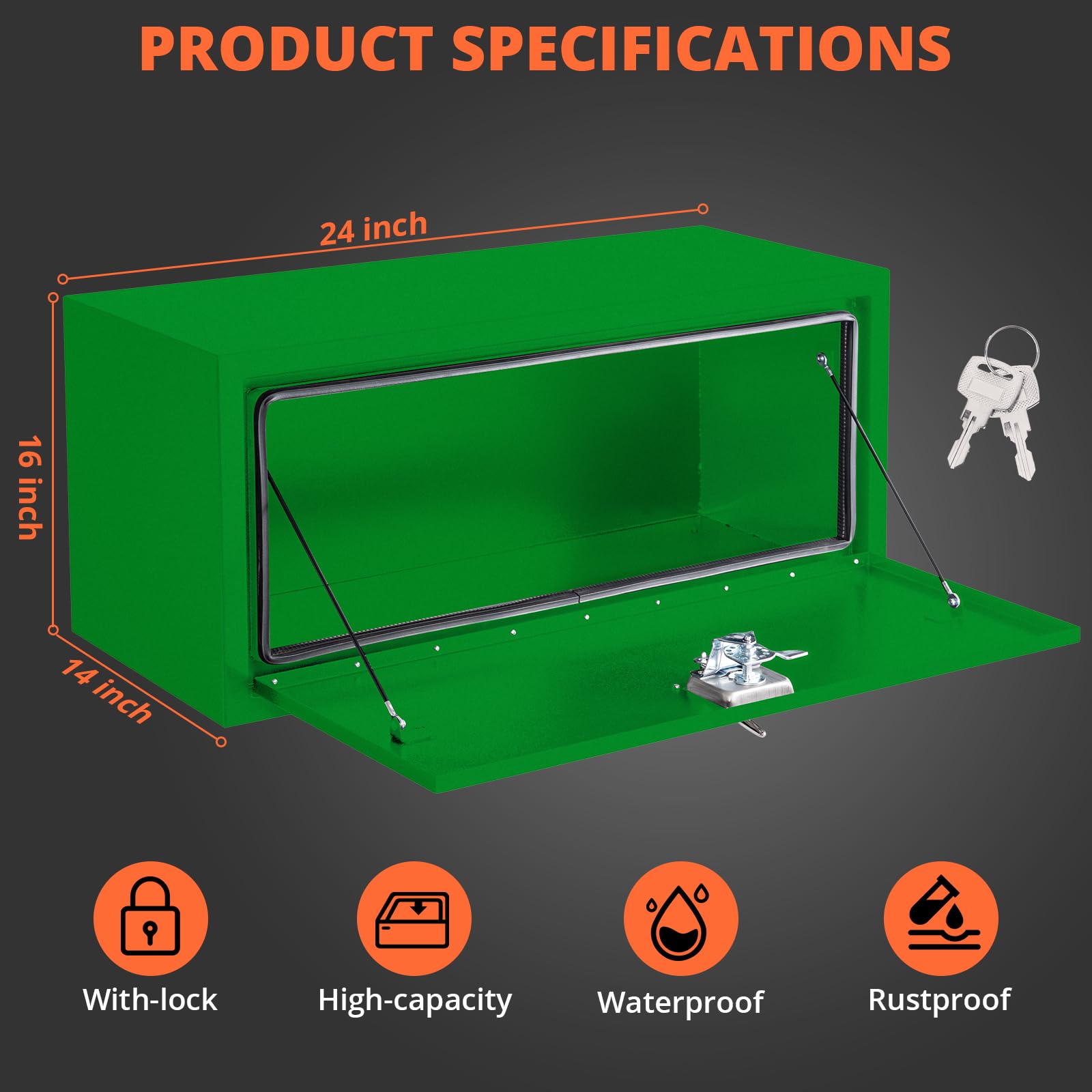 green 24x14x16 inch underbody truck tool box dimension guide