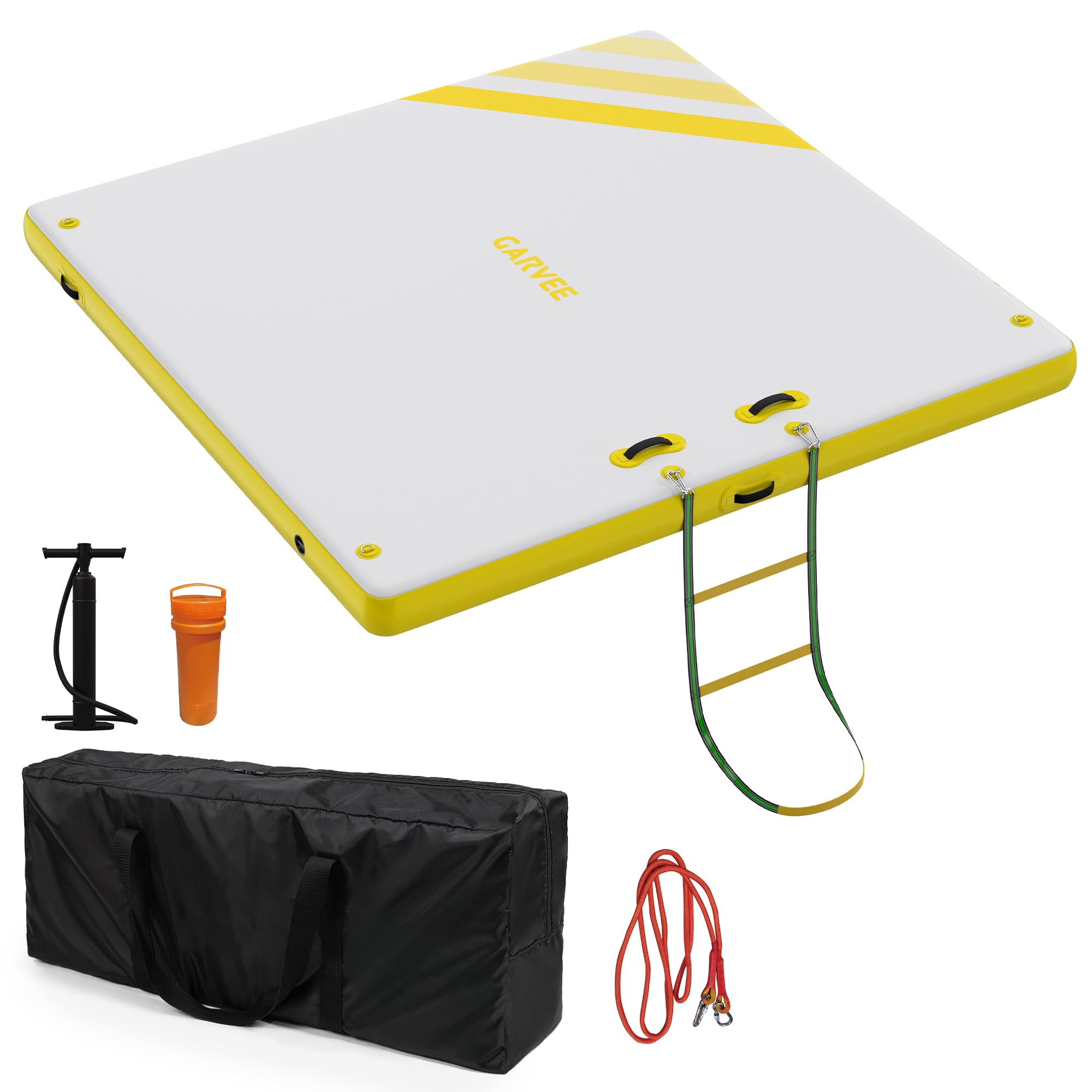 Inflatable dock with ladder pump rope and storage bag