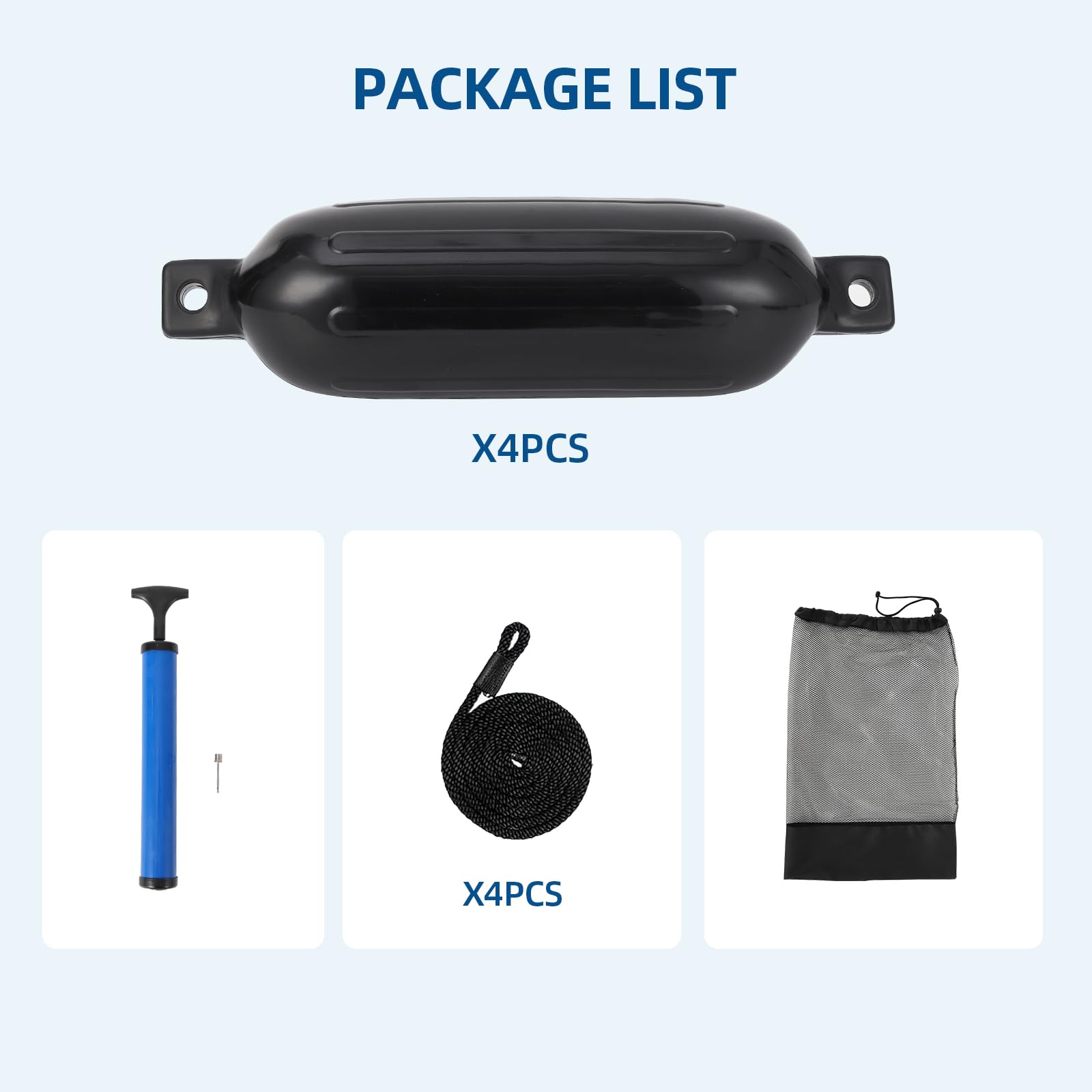 Package contents including fenders, pump, ropes and storage bag