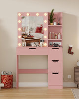 Garvee Makeup Vanity Desk with Mirror and Lights, 4 Drawers, Built-in Power Outlet & USB, Adjustable LED Lighting for Bedroom Decor, White - Pink
