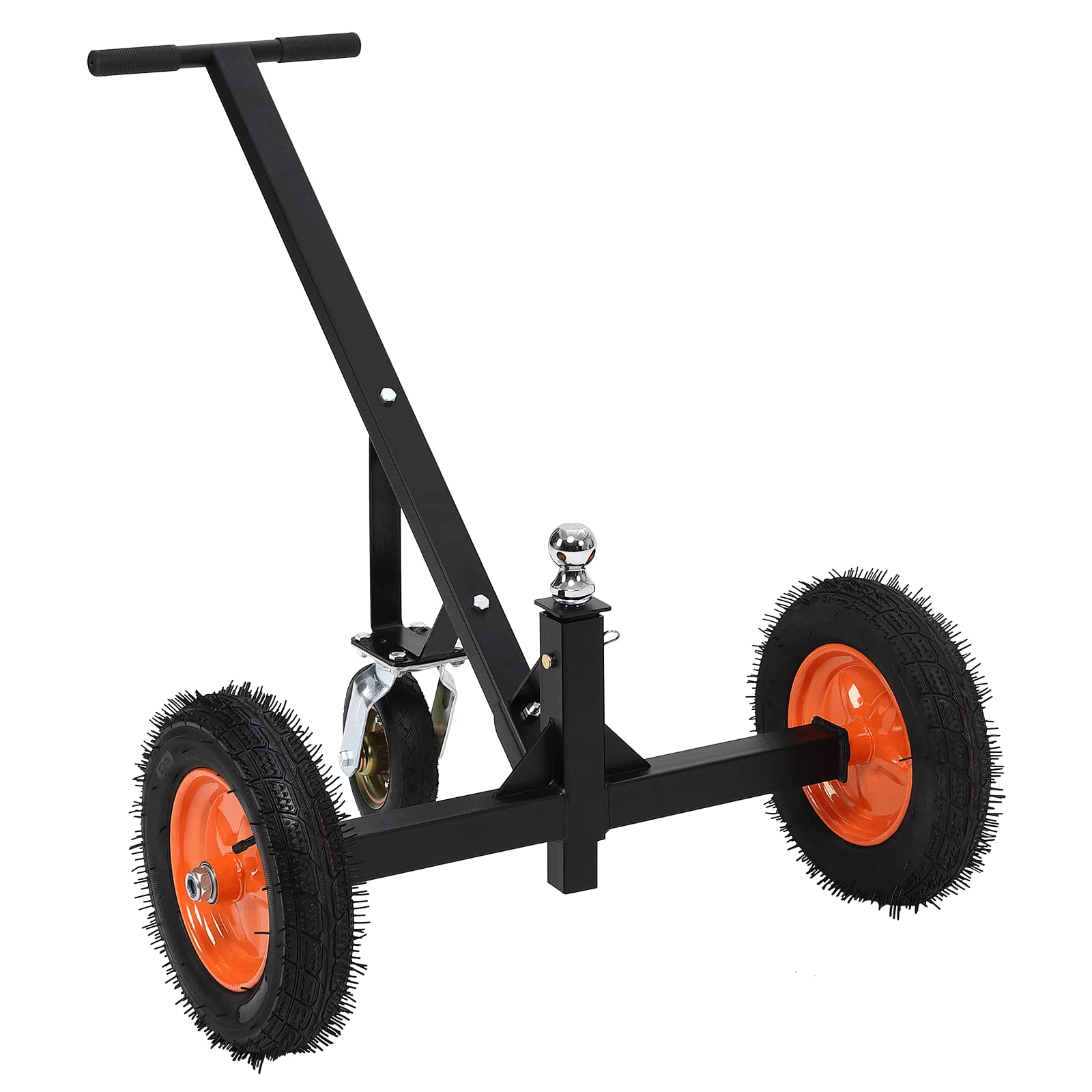 orange adjustable trailer dolly with rubber wheels and hitch ball