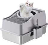 Garvee Stainless Steel Cat Litter Box with Lid, Large Enclosed High Sided Tray 23.6x15.7x15.6 In Gray Base with Mat and Scoop Easy Clean - Gray Basin 20 High
