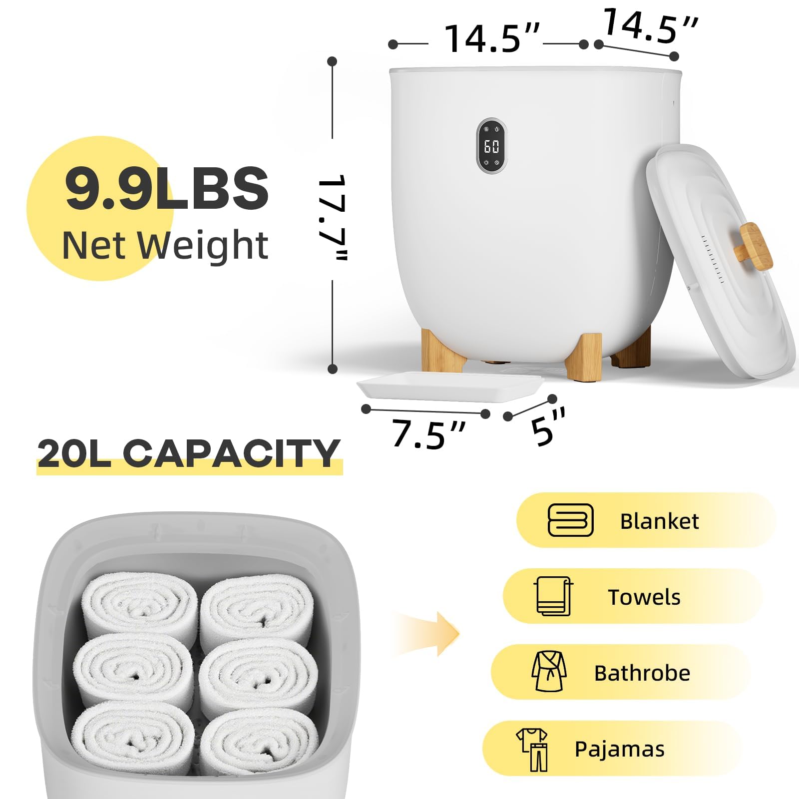 20L towel warmer capacity and size overview