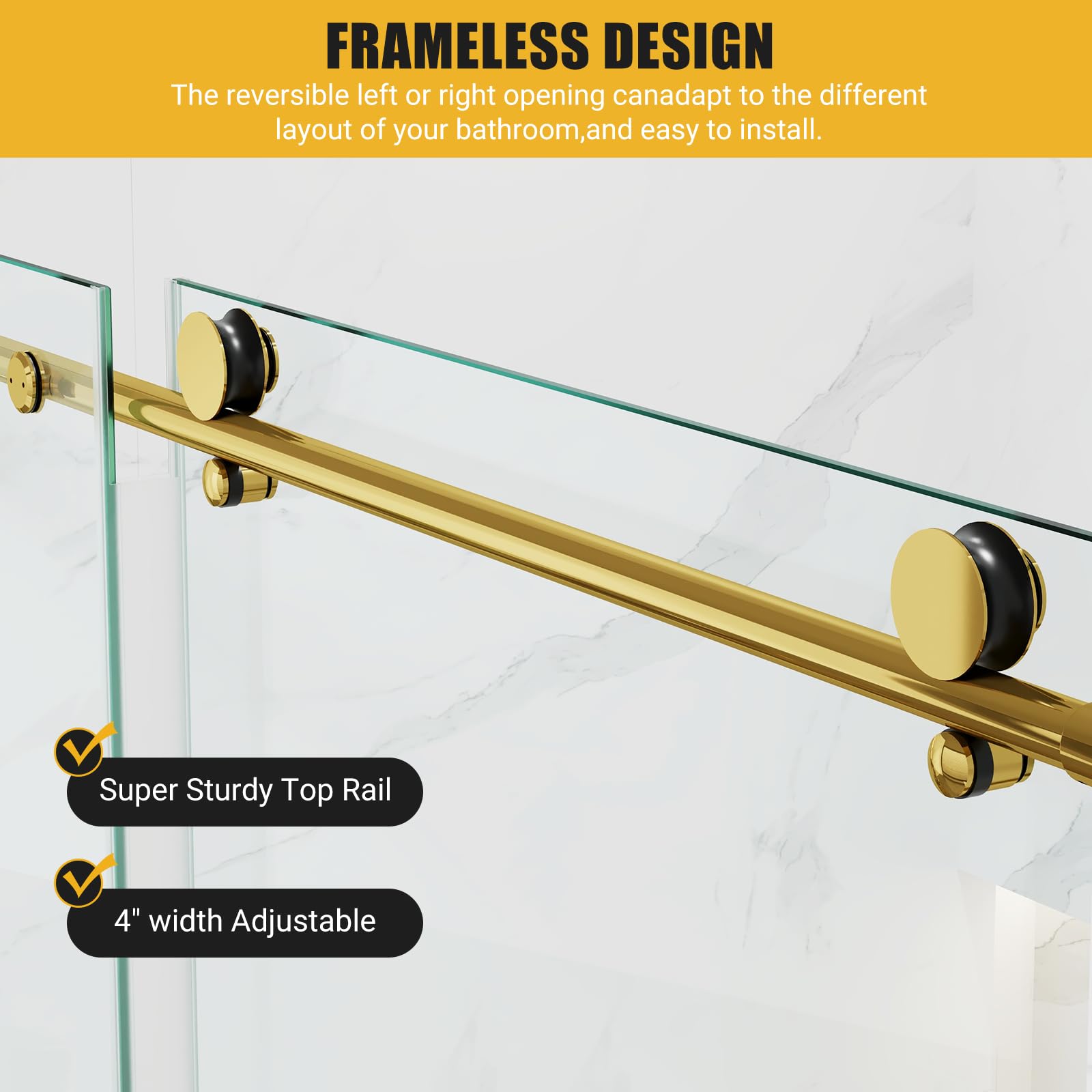 Frameless sliding shower door top rail with adjustable width