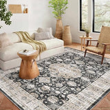 Garvee 8x10 Area Rugs for Living Room Vintage Washable Rug Boho Floral Area Rugs for Bedroom Non Slip Backing Throw Carpet Oriental Rustic Accent Rug Lightweight Carpet for Bedroom Dining Office - Black