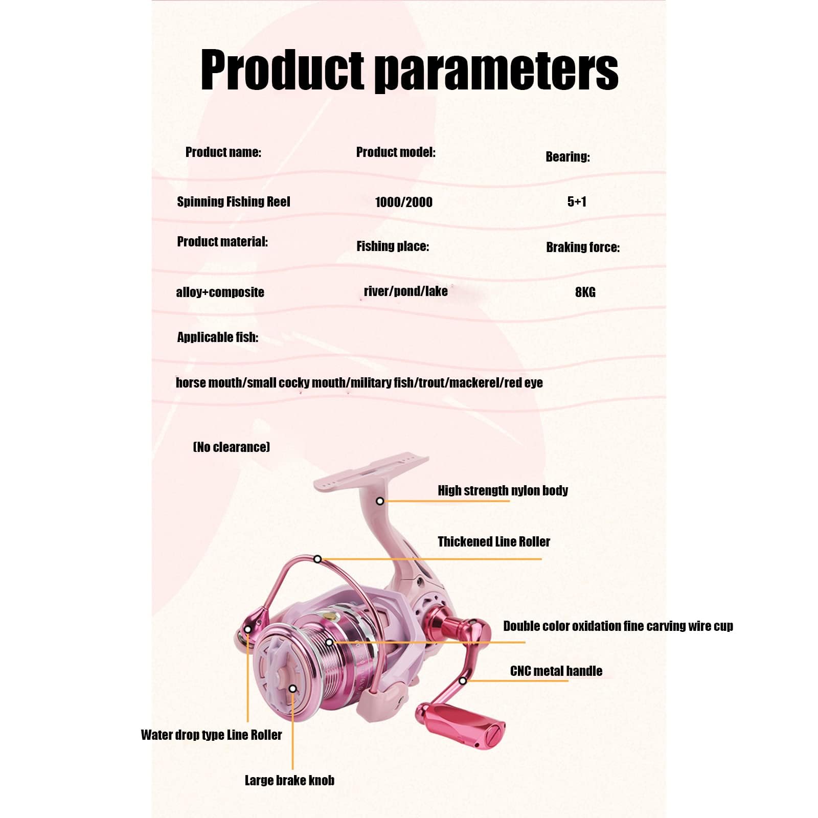 Fishing reel product parameters including 8kg max drag