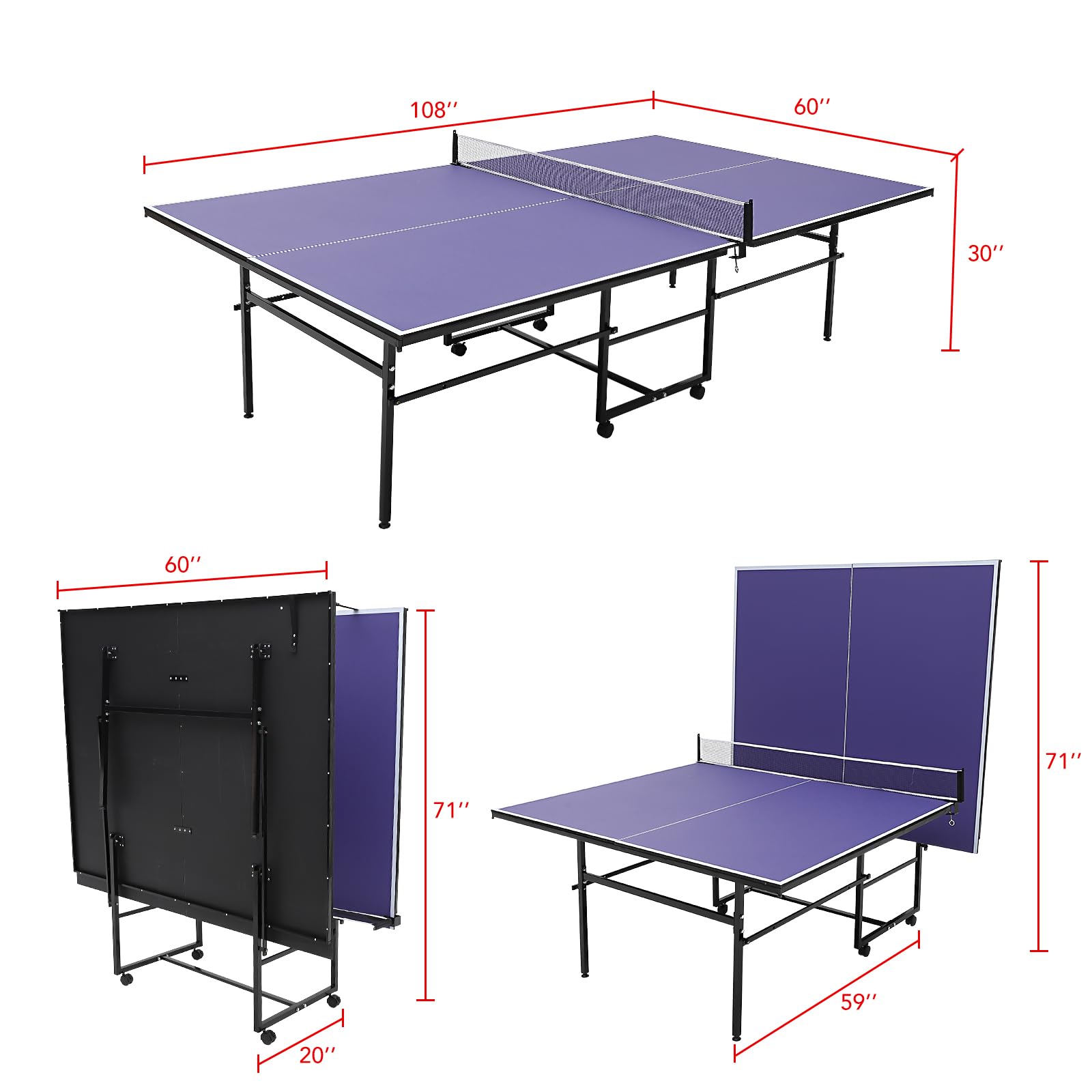 Full size and folded dimensions of the table tennis table