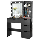 Garvee Modern Vanity Makeup Desk with Vanity Mirror, Built-in Lights, 4 Drawers, Crystal Ball Knobs, Power Outlet, White Makeup Desk for Bedroom - Black