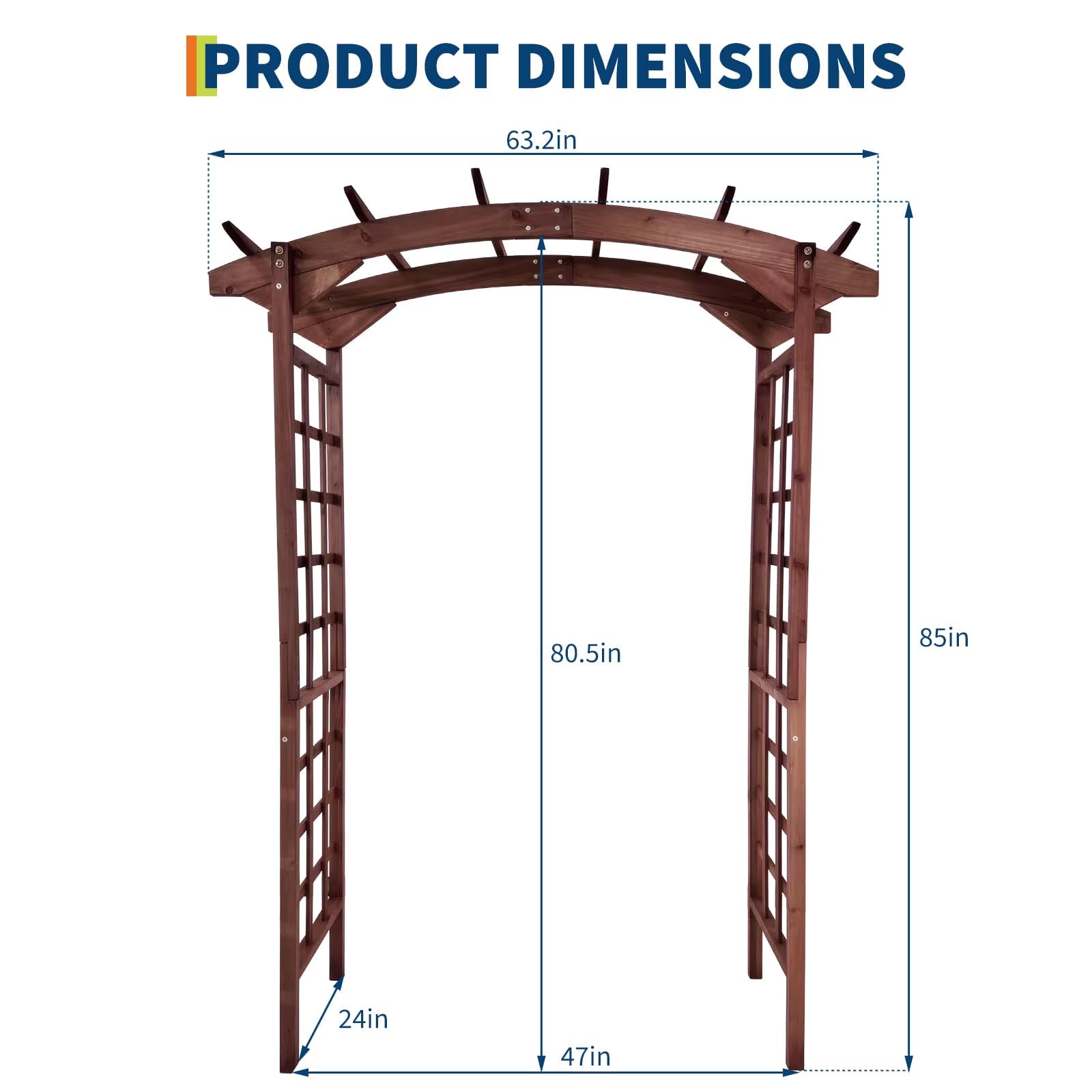 teak arched top garden arbor dimension diagram with overall width, passage width, depth, and height