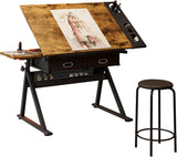 Garvee Height Adjustable Drafting Table with Stool, Multifunctional Art Craft Workstation, 0-75° Tilting, 26.77-35.82" Height, Wood and Steel